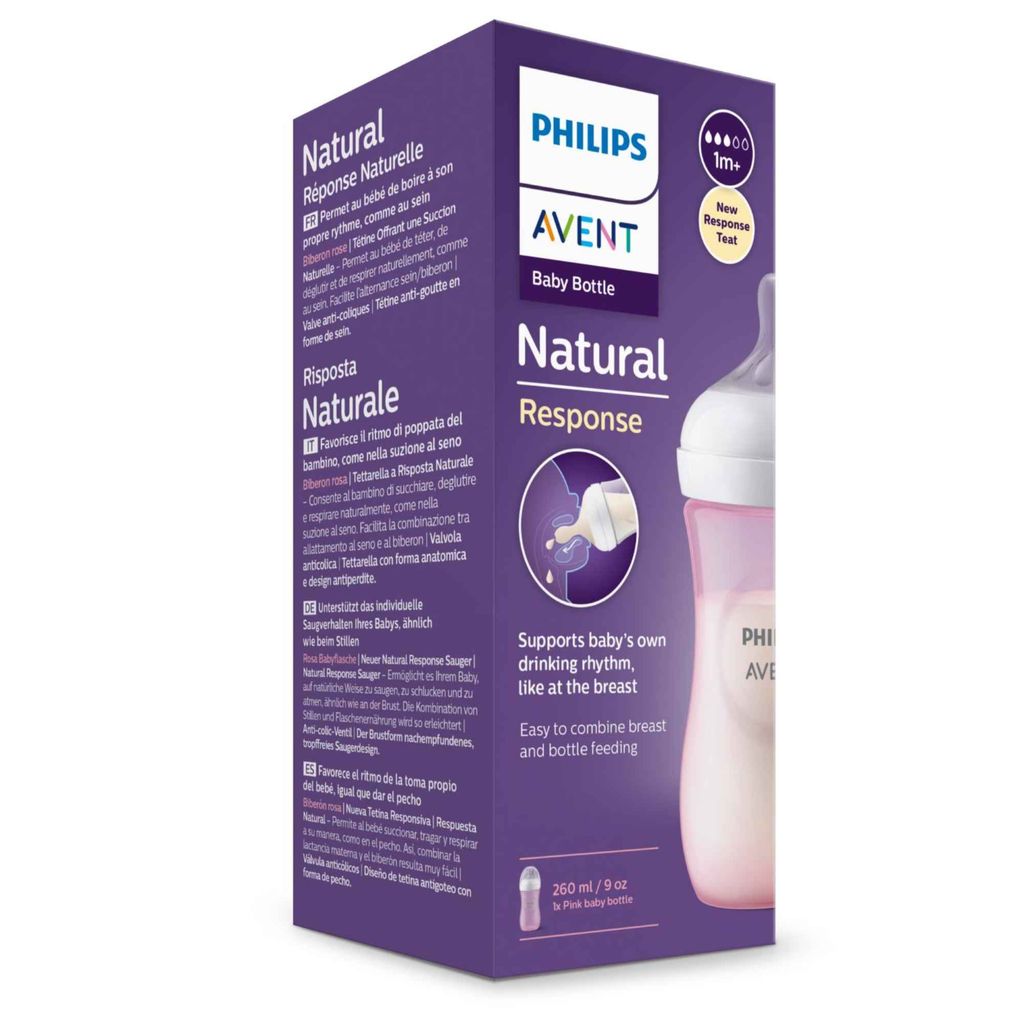 Philips Avent Бутылочка с силиконовой соской Natural Response 1m+ розовая, арт. SCY903/11, бутылочка для кормления, средний поток, 260 мл, 1 шт.