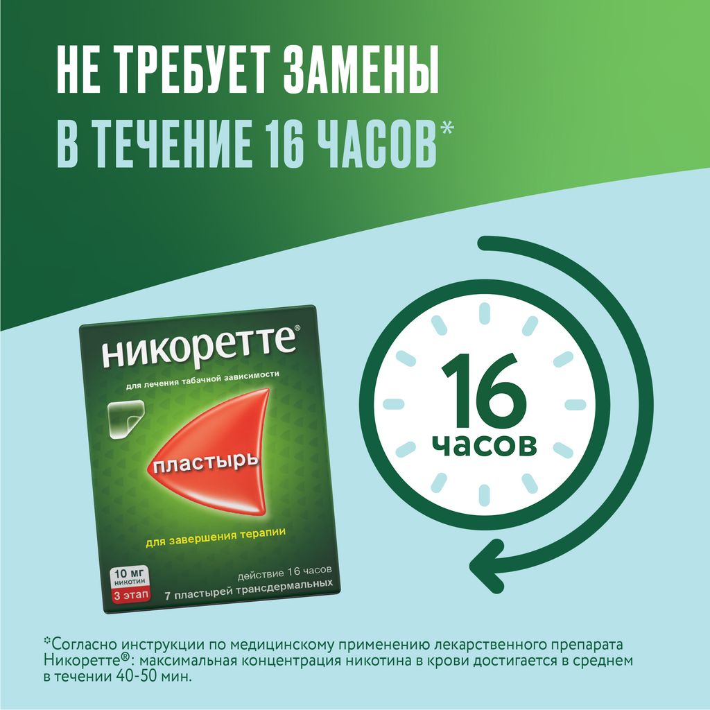 Никоретте, 10 мг/16 ч, пластырь трансдермальный, полупрозрачная, 7 шт.