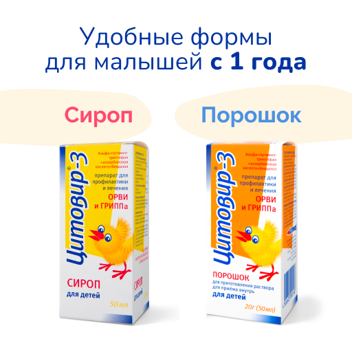 Цитовир-3, порошок для приготовления раствора для приема внутрь для детей, без ароматизатора, 20 г, 1 шт.