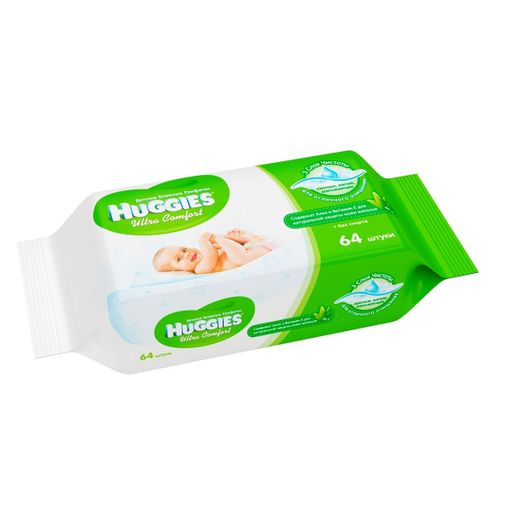 Huggies ultra comfort алоэ салфетки влажные детские, сменный блок, 64 шт.