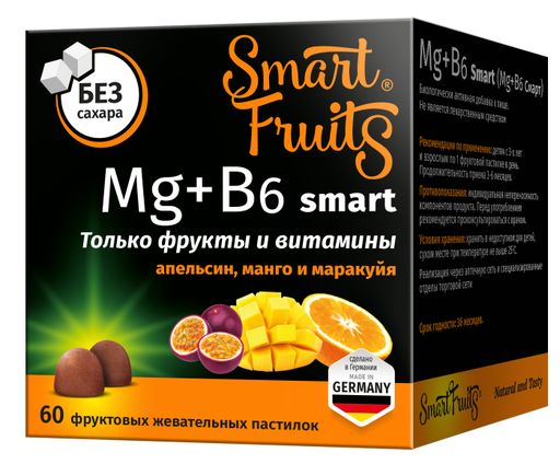 Смарт Фрутс Магний+Витамин В6 Smart, для детей с 3 лет и взрослых, пастилки жевательные, без сахара, 60 шт.