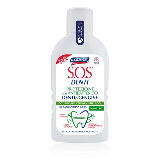 SOS Denti Ополаскиватель для полости рта Антибактериальный, ополаскиватель полости рта, для защиты зубов и десен, 400 мл, 1 шт.