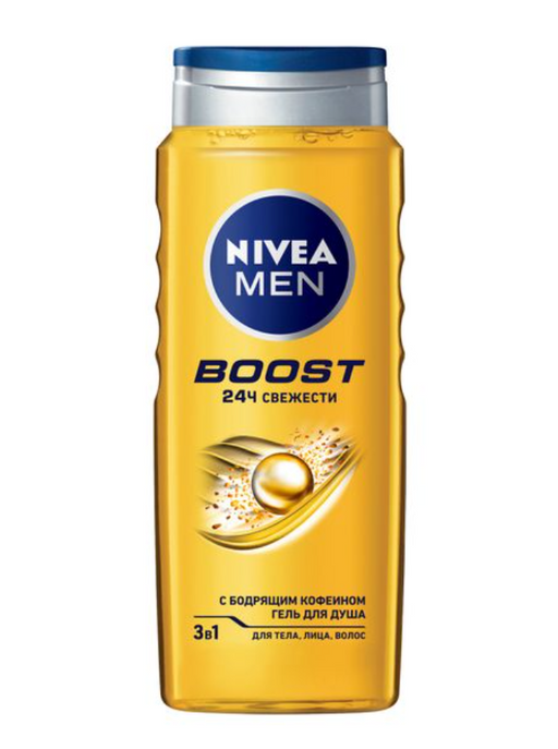Nivea Boost Men Гель для душа для тела, лица, волос, шампунь-гель 3 в 1, с бодрящим кофеином, 500 мл, 1 шт.